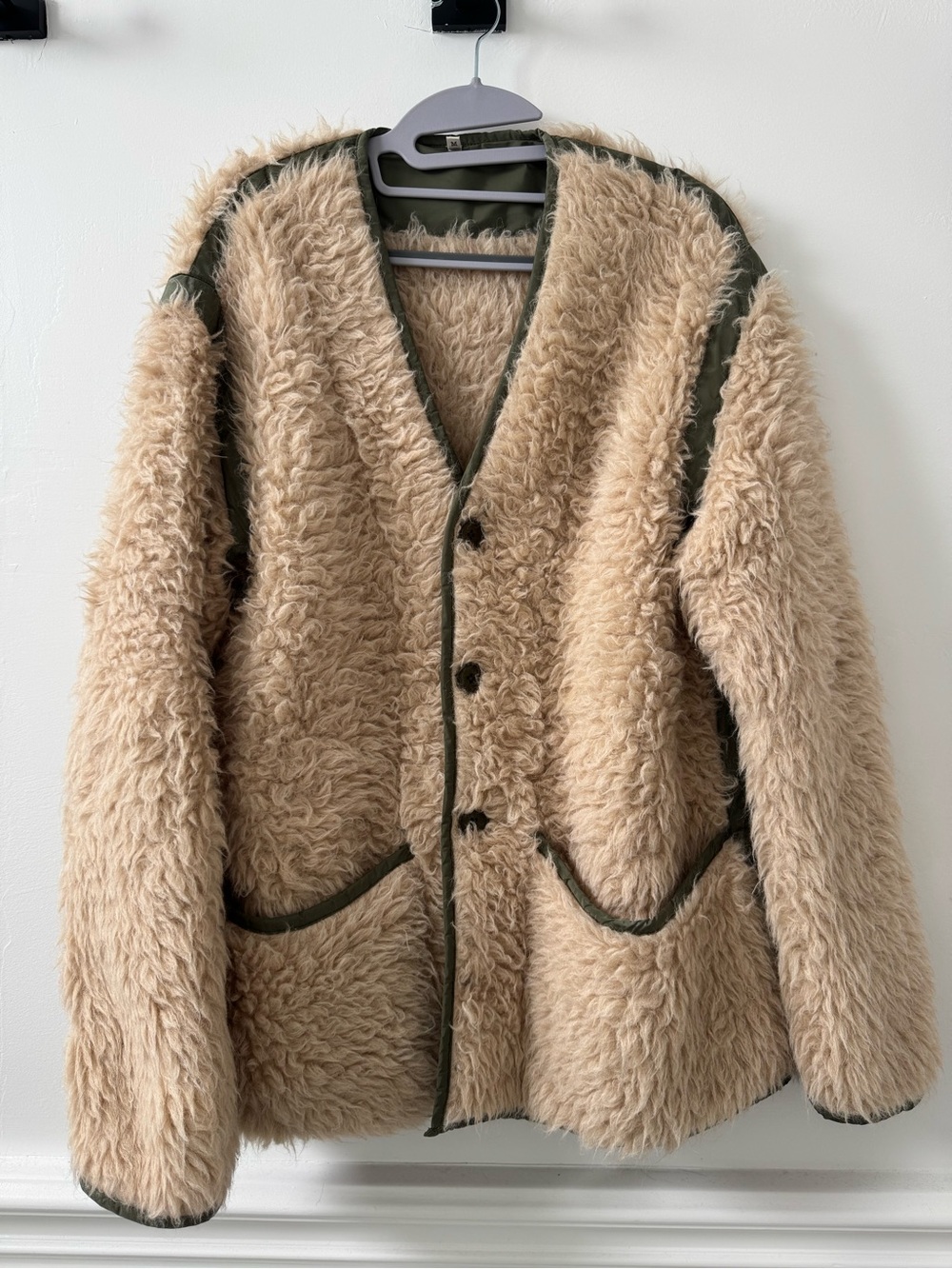 R13 Beige Teddy Sherpa Jacket with Olive Trim